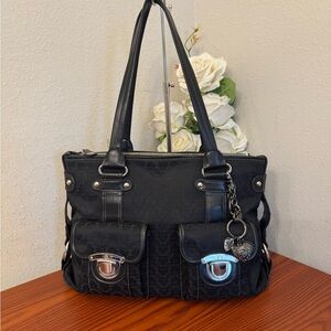 Vintage Kathy Van Zeeland Black Shoulder Tote with Front Pockets and Charm